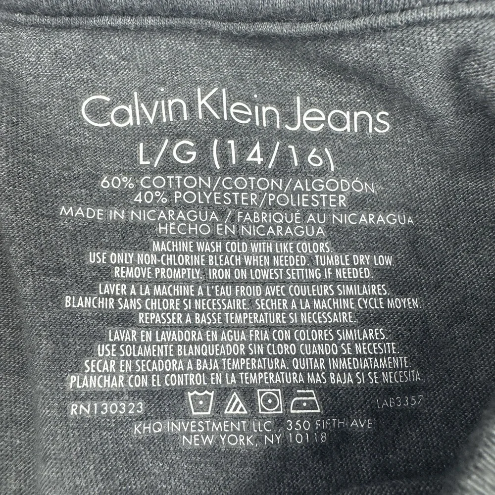 Calvin Klein Jeans Boys L 14 16 Gray V Neck T Shirt Embroidered CK Logo